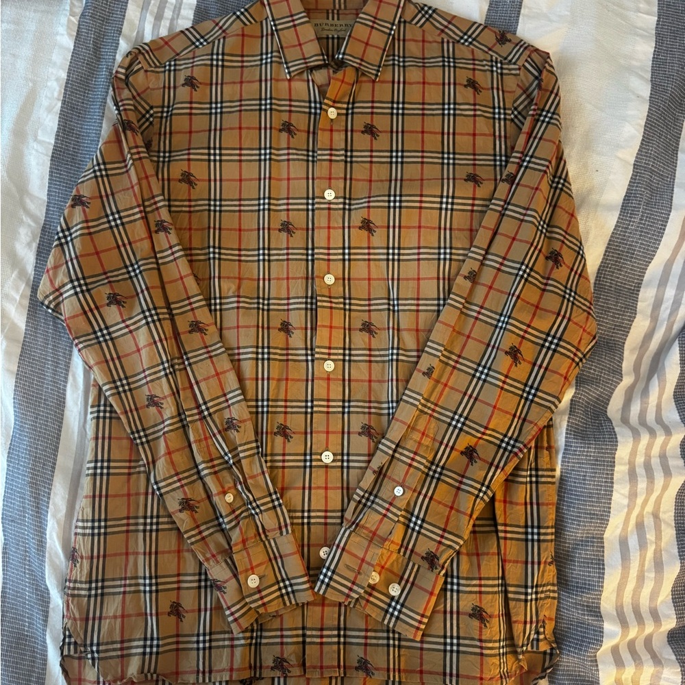 Burberry Tan and Black Casual Button Down Shirt with Logo Embellishments